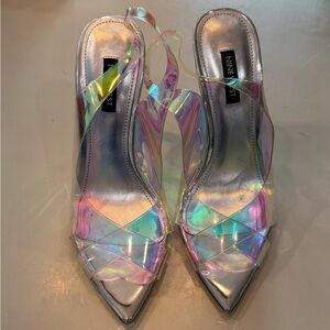 Nine West Silver Holographic Pointed-Toe Slingback Heels
